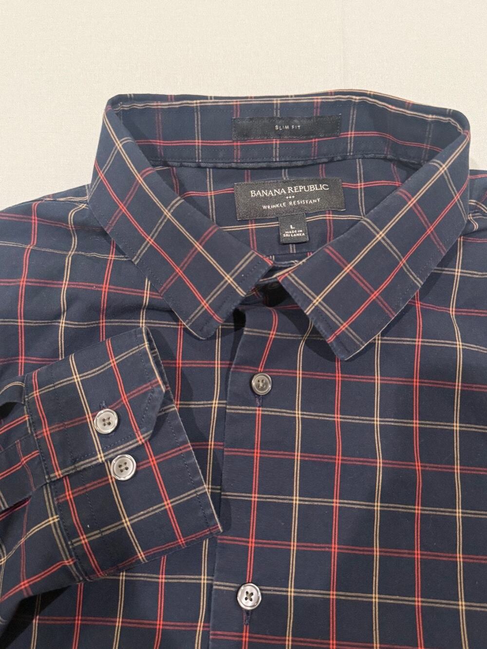Banana Republic Slim Fit Wrinkle Resistant Plaid Button Up Shirt Men’s L Navy